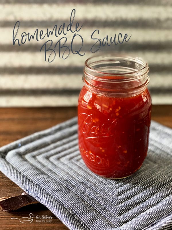 Homemade BBQ Sauce on a grey pot holder with text "homemade BBQ sauce"