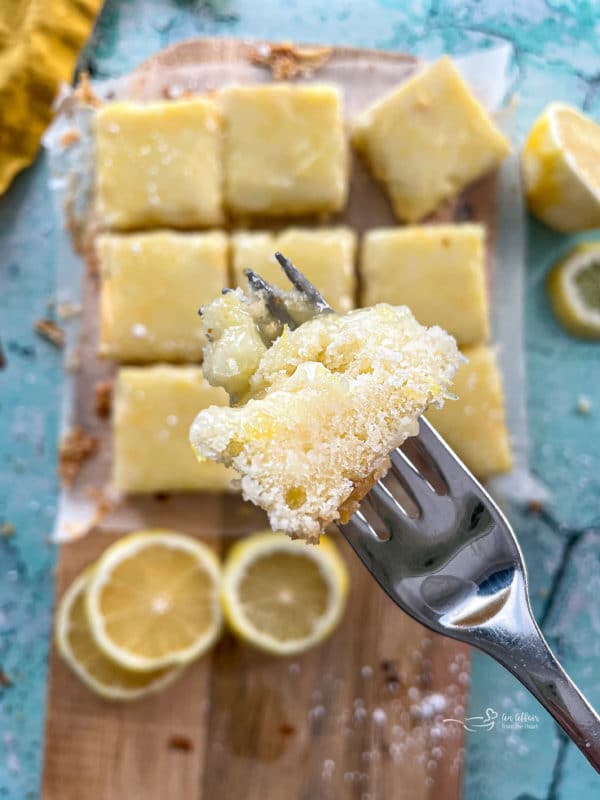 close view of lemon square on fork