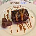 Overhead of brownie bites with rolos and caramel sauce drizzed over it. Text "Brownie Bites with rolos"