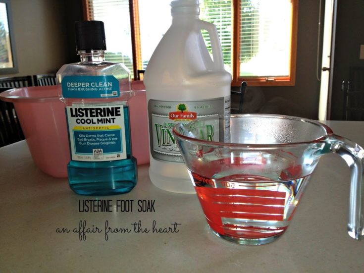 Listerine foot soak ingredients on a light colored counter