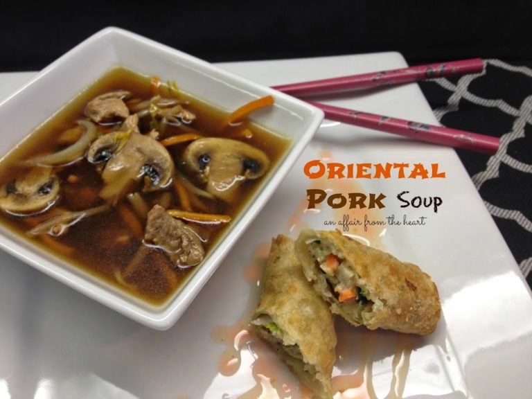 Soup is a square bowl and an egg roll cut in half on a white plate with chopsticks. Text "Oriental Pork soup"