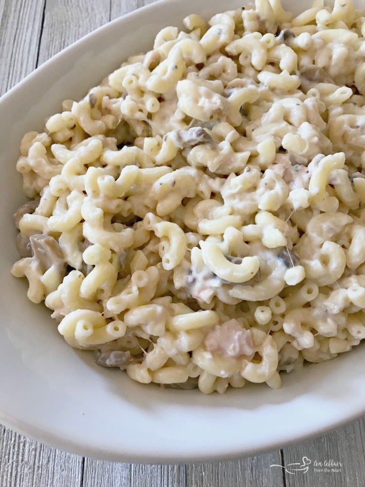 Overhead of Mom's Tuna Tetrazzini Casserole in a white casserole dish