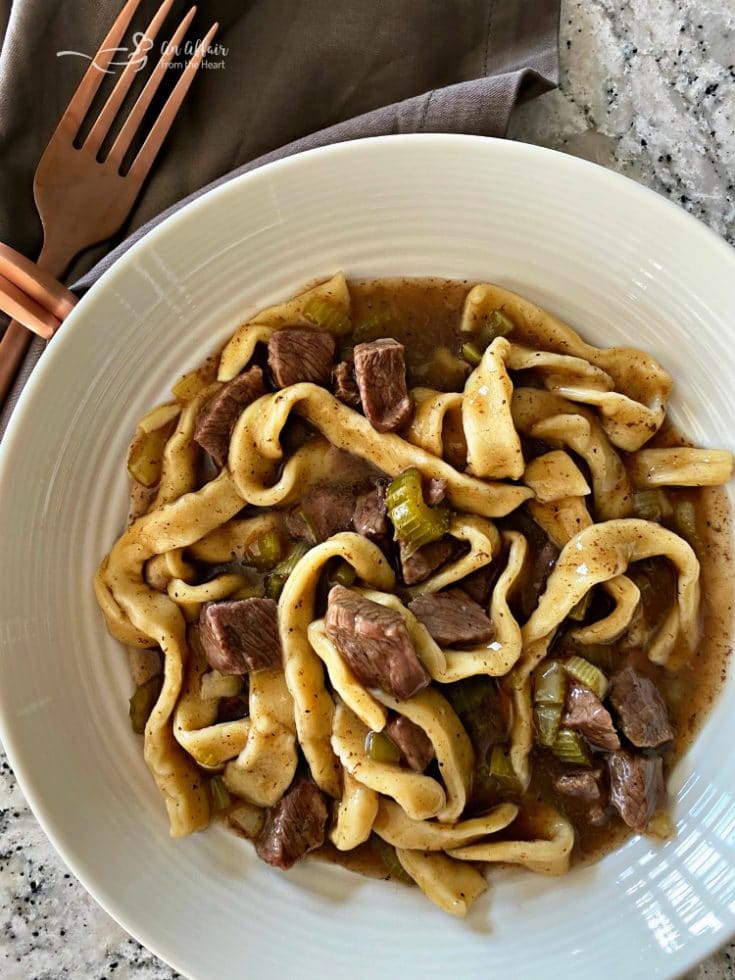 Mom's Beef & Noodles in a white bowl