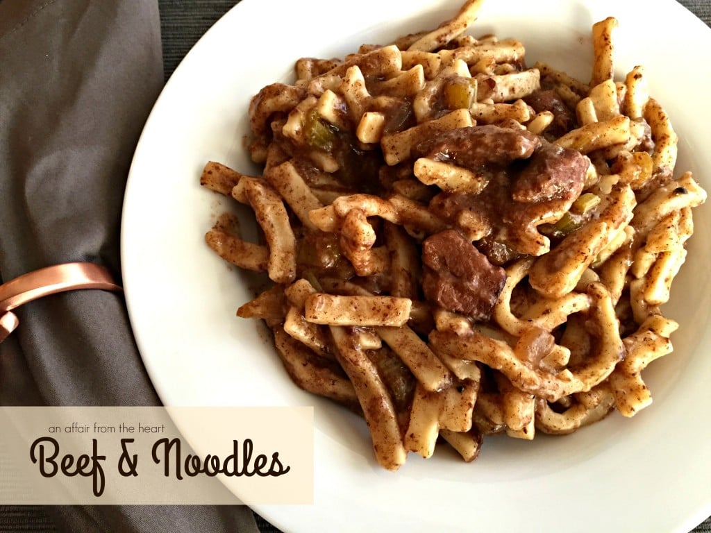 The Comforting Beef & Noodles - egg noodles and tender chunks of beef.