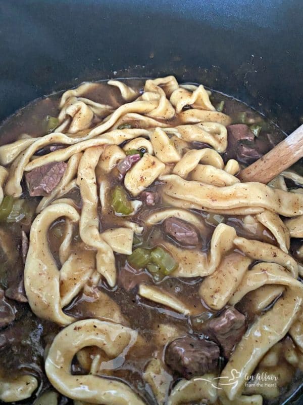 close up view of beef and noodles