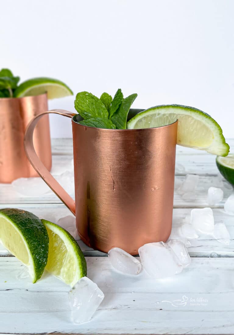 Close up of Moscow mule in a copper mug.