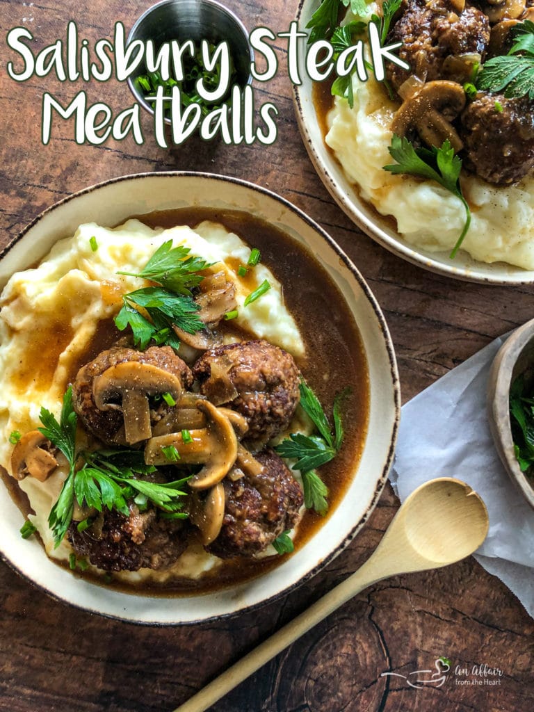 Tender Salisbury Steak Meatballs Served over Fluffy Mashed Potatoes