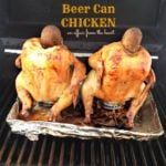 2 chickens on a grill with text "beer can chicken"