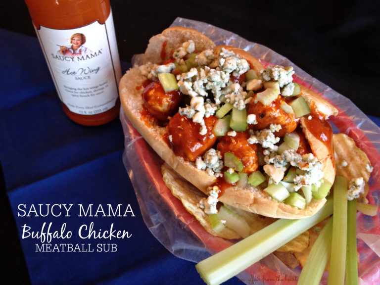 Overhead of saucy mama buffalo chicken meatball sub