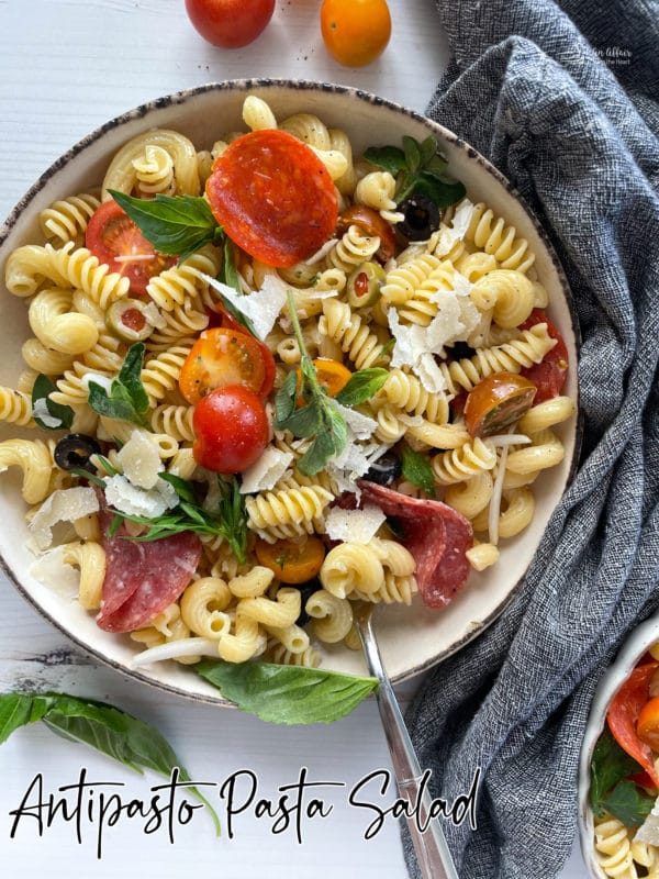 One bowl filled with pasta salad