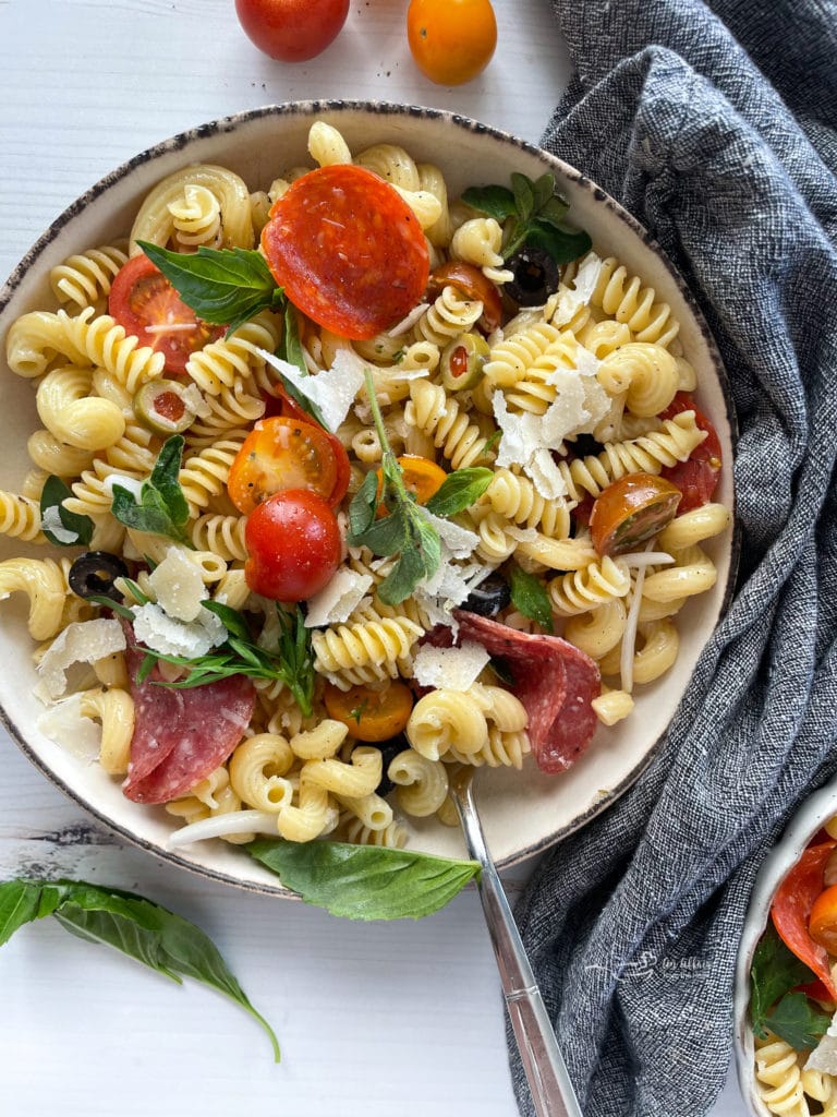 One bowl filled with antipasto salad