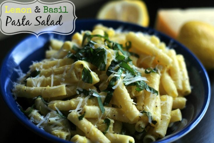Lemon Basil Pasta Salad in a blue bowl