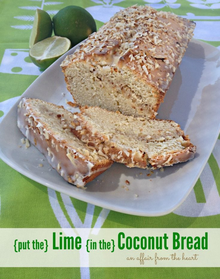 lime coconut bread on a white platter with text 