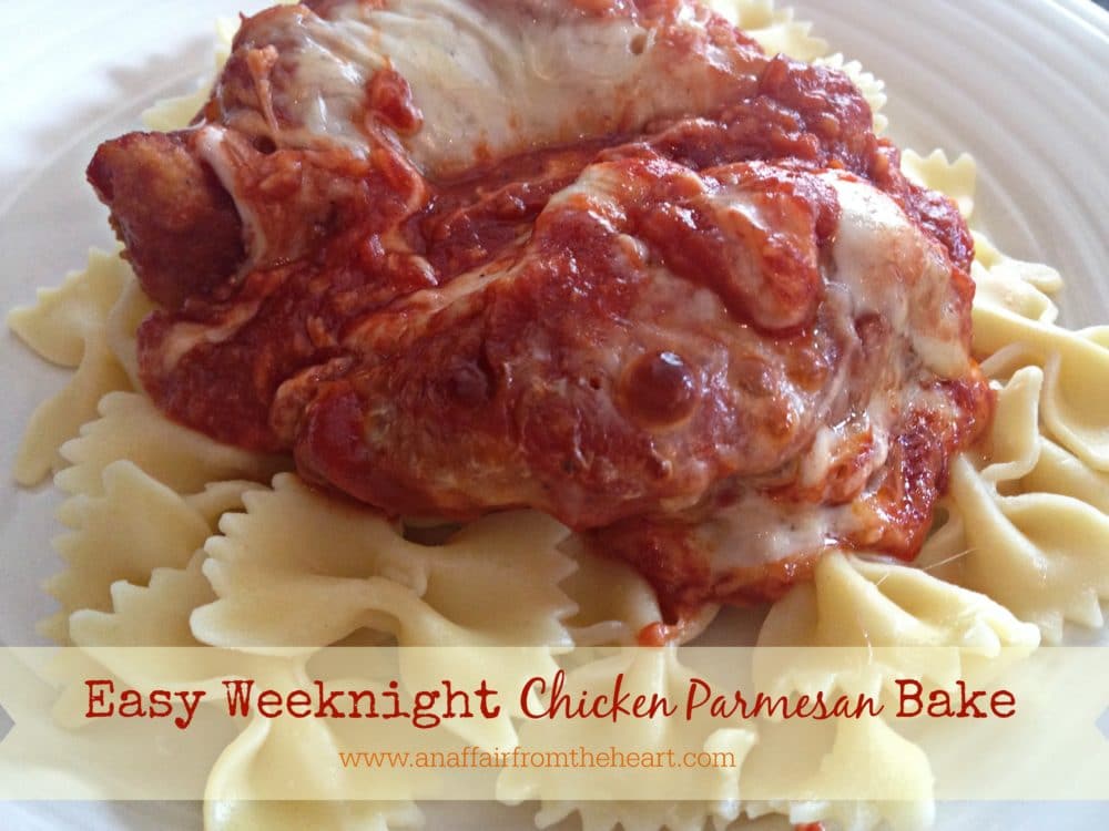Chicken Parmesan Bake in dish with pasta 