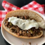 Overhead of Philly Cheese Steak Sloppy Joe's on a white plate