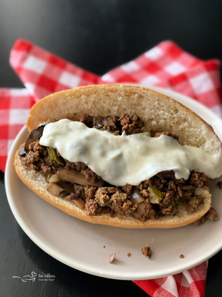 Overhead of Philly Cheese Steak Sloppy Joe's on a white plate