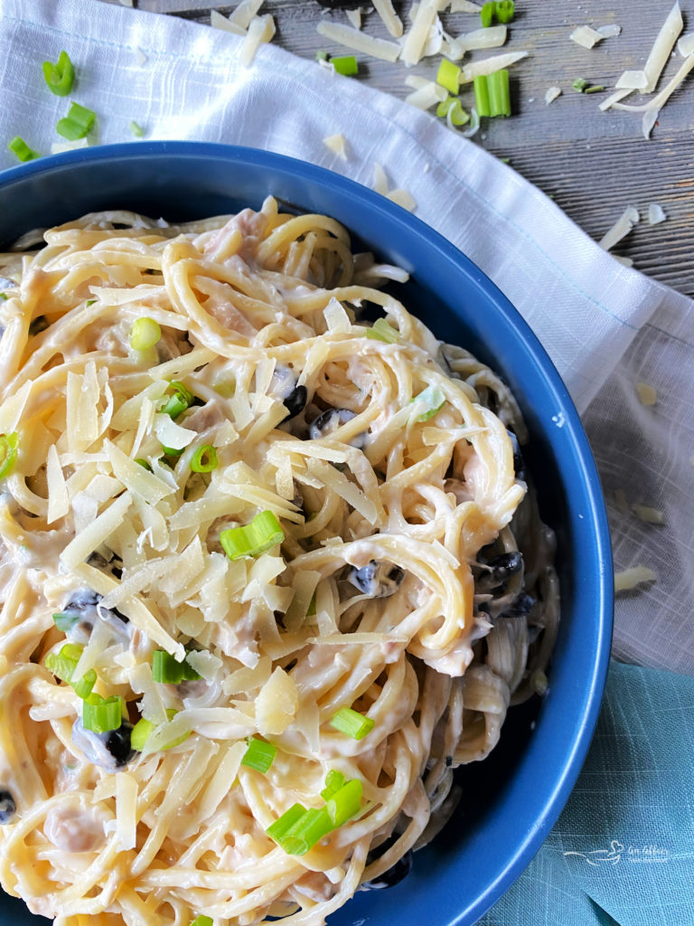 one blue bowl of tuna pasta