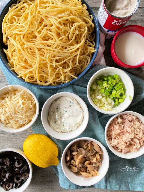 top view of ingredients for tuna spaghetti