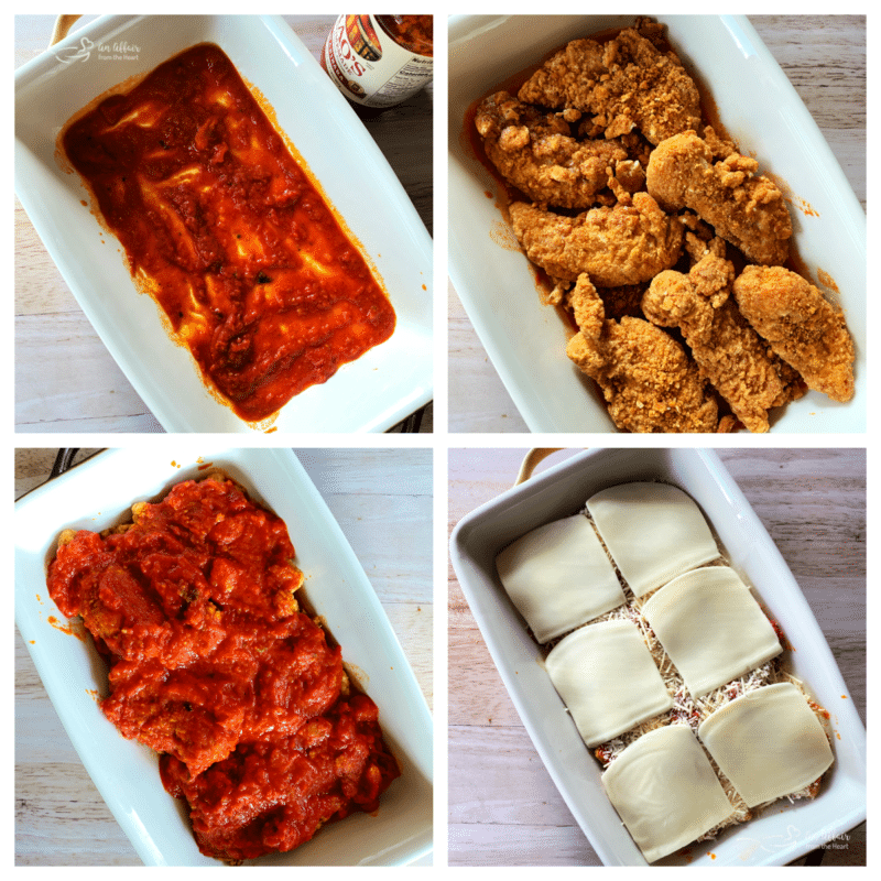 step by step photos of chicken parmesan with sauce in white dish 