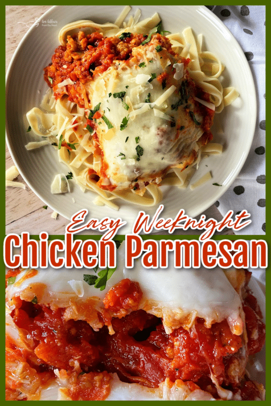 two images of chicken parmesan with text