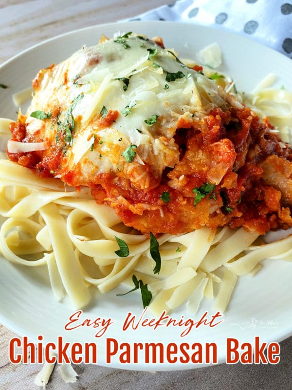 graphic for chicken parmesan in white dish with cheese and parsley over cooked pasta