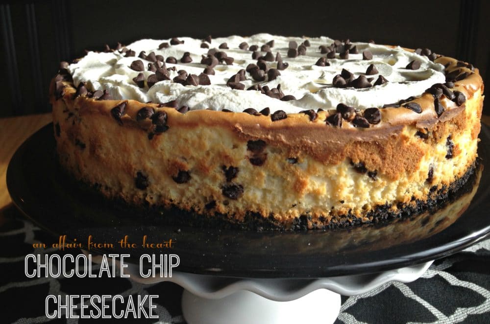 Side view of cheesecake with text "chocolate chip cheesecake"