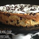 Side view of cheesecake with text "chocolate chip cheesecake"