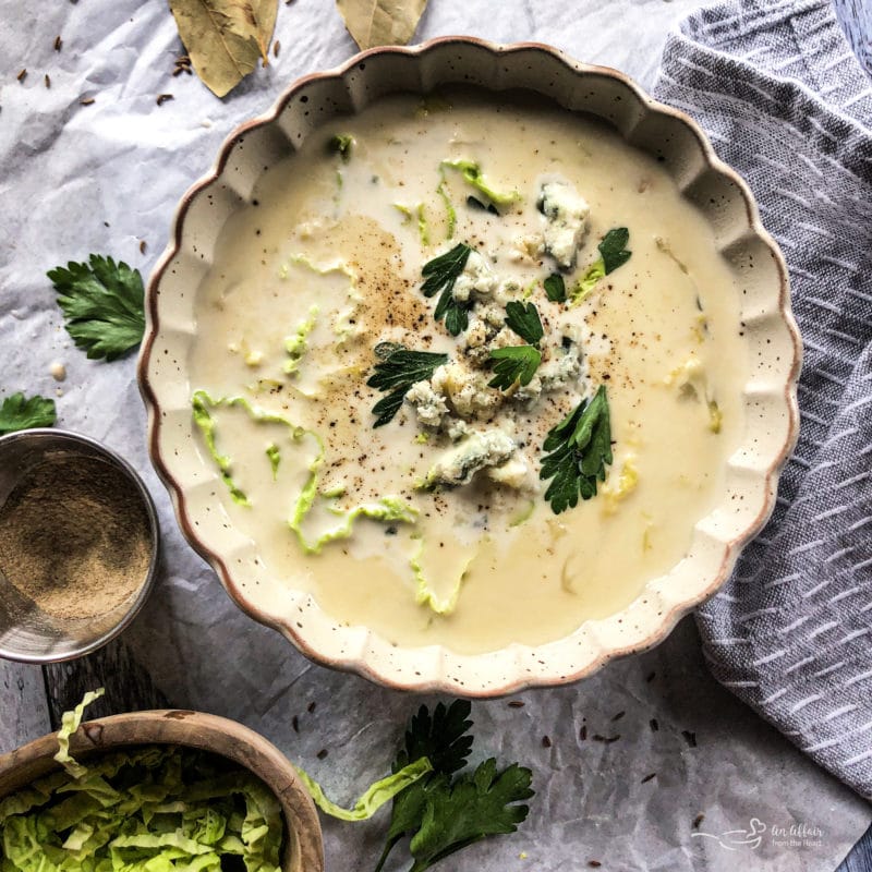 Cabbage & Bleu Cheese Soup in a bowl