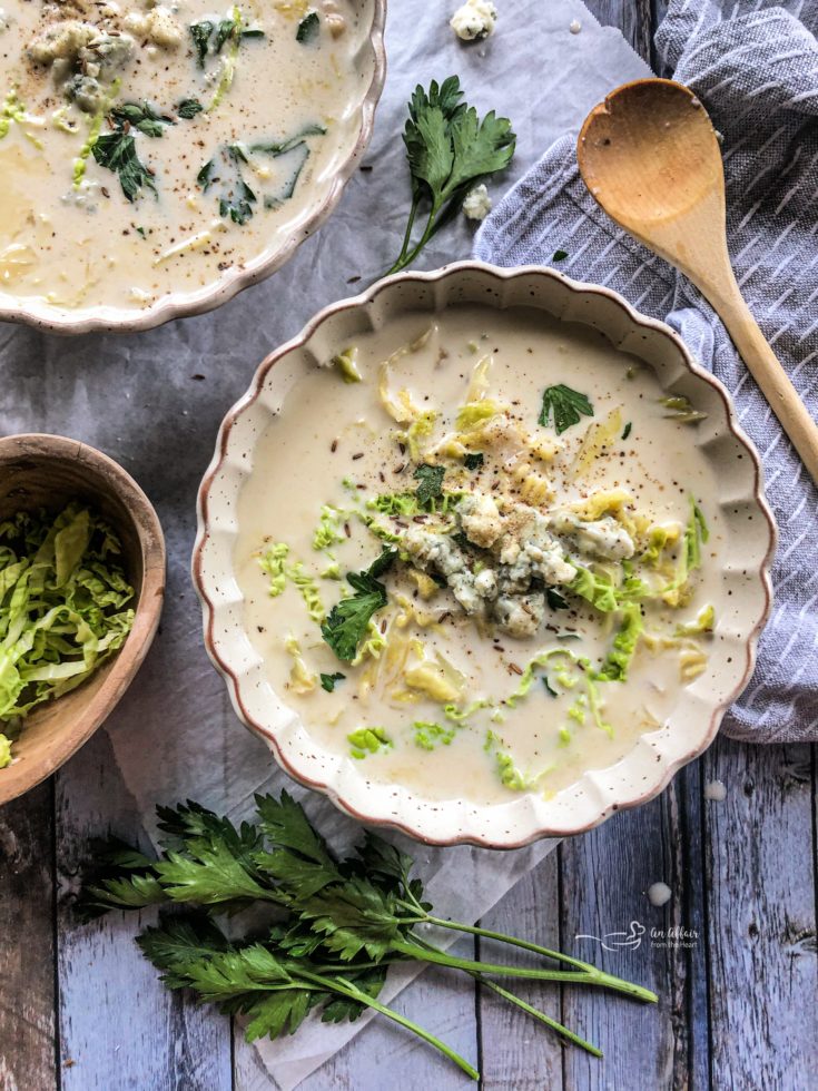 in a bowl Cabbage & Bleu Cheese Soup