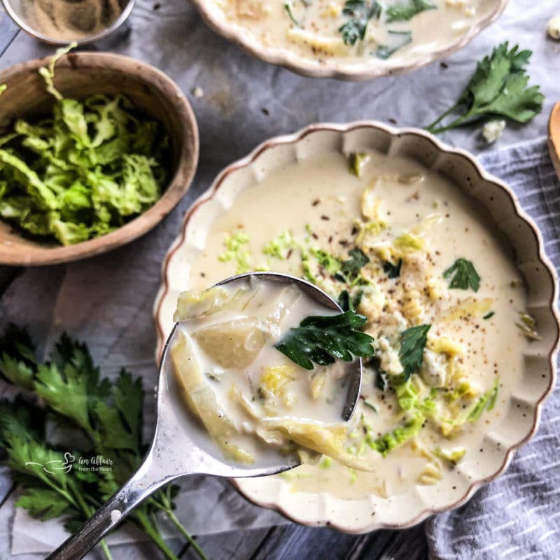 Cabbage & Blue Cheese Soup in a ladle