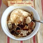 Overhead of apple cinnamon crumble with vanilla ice cream and text "apple cinnamon crumble"