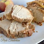 apple pork tenderloin sliced on a white platter with text "Apple Pork Tenderloin"
