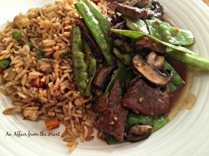 Asian Beef, Mushrooms and Snowpeas with Fried Rice