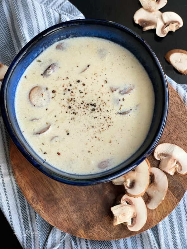 Homemade Cream of Mushroom Soup blue bowl