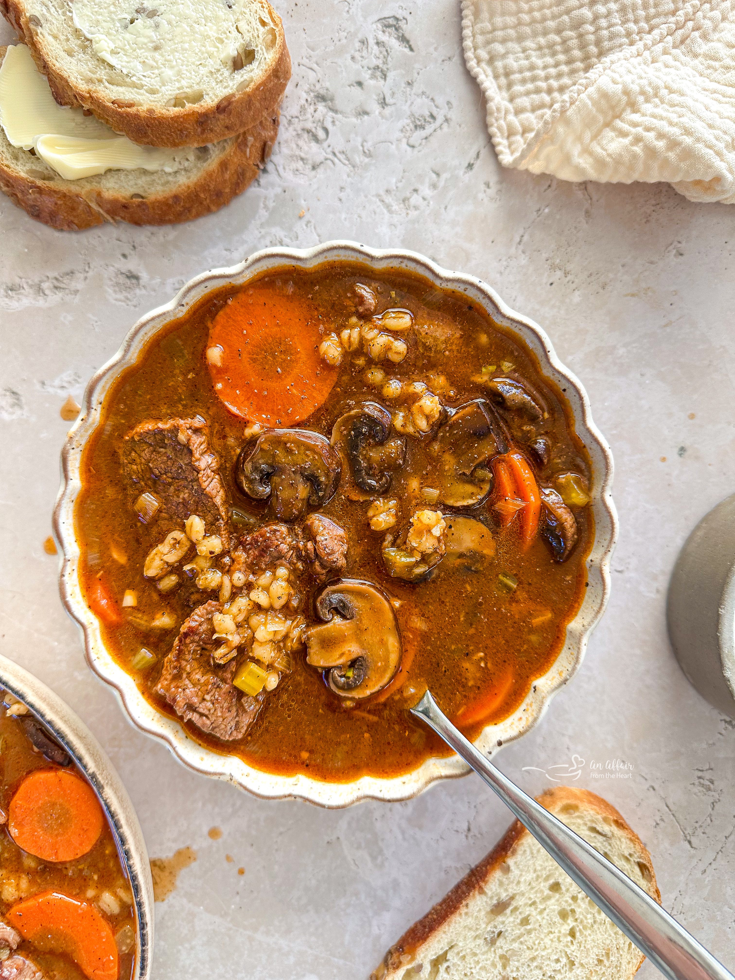Vegetable Beef Barley Soup with Mushrooms