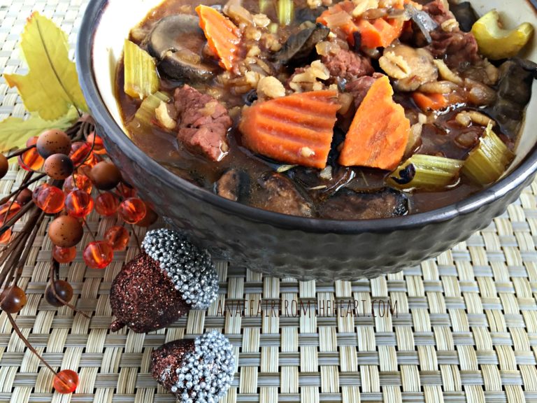 Vegetable Beef, Barley & Mushroom Soup in a black bowl