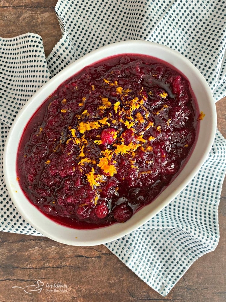 Overhead of Mom's Cranberry Sauce in a white serving dish