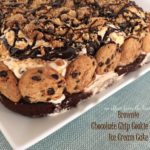Brownie Chocolate Chip Cookie Dough Ice Cream Cake with text of the same