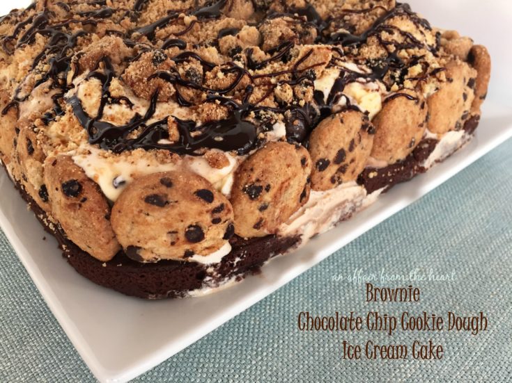 Brownie Chocolate Chip Cookie Dough Ice Cream Cake with text of the same