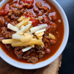 Close up of Three bean chili in a white bowl