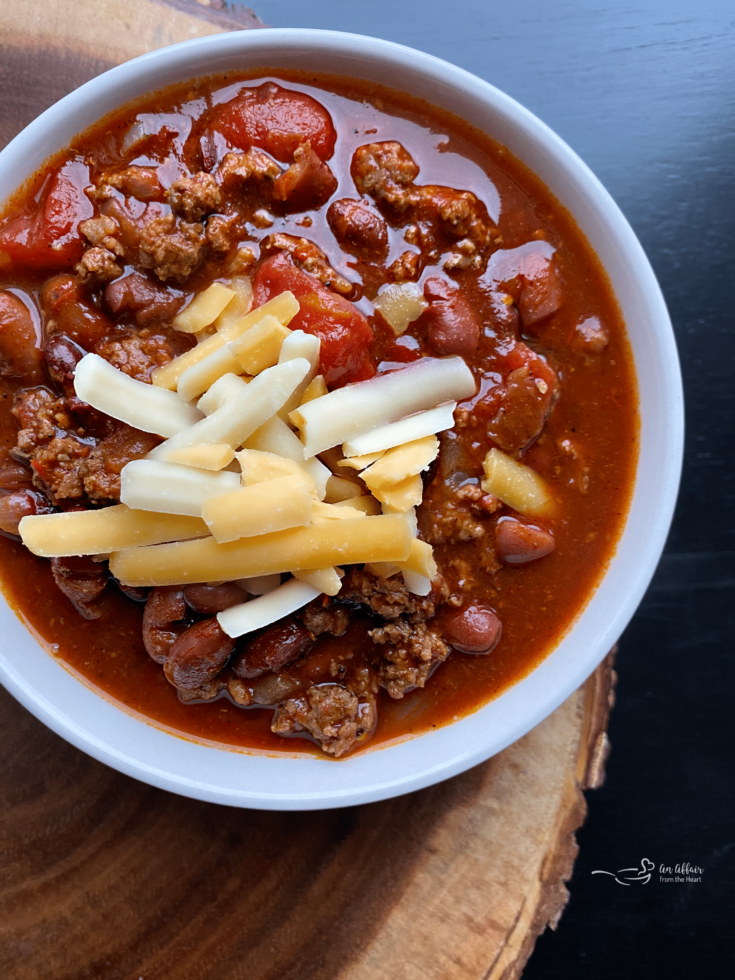 Close up of Three bean chili in a white bowl