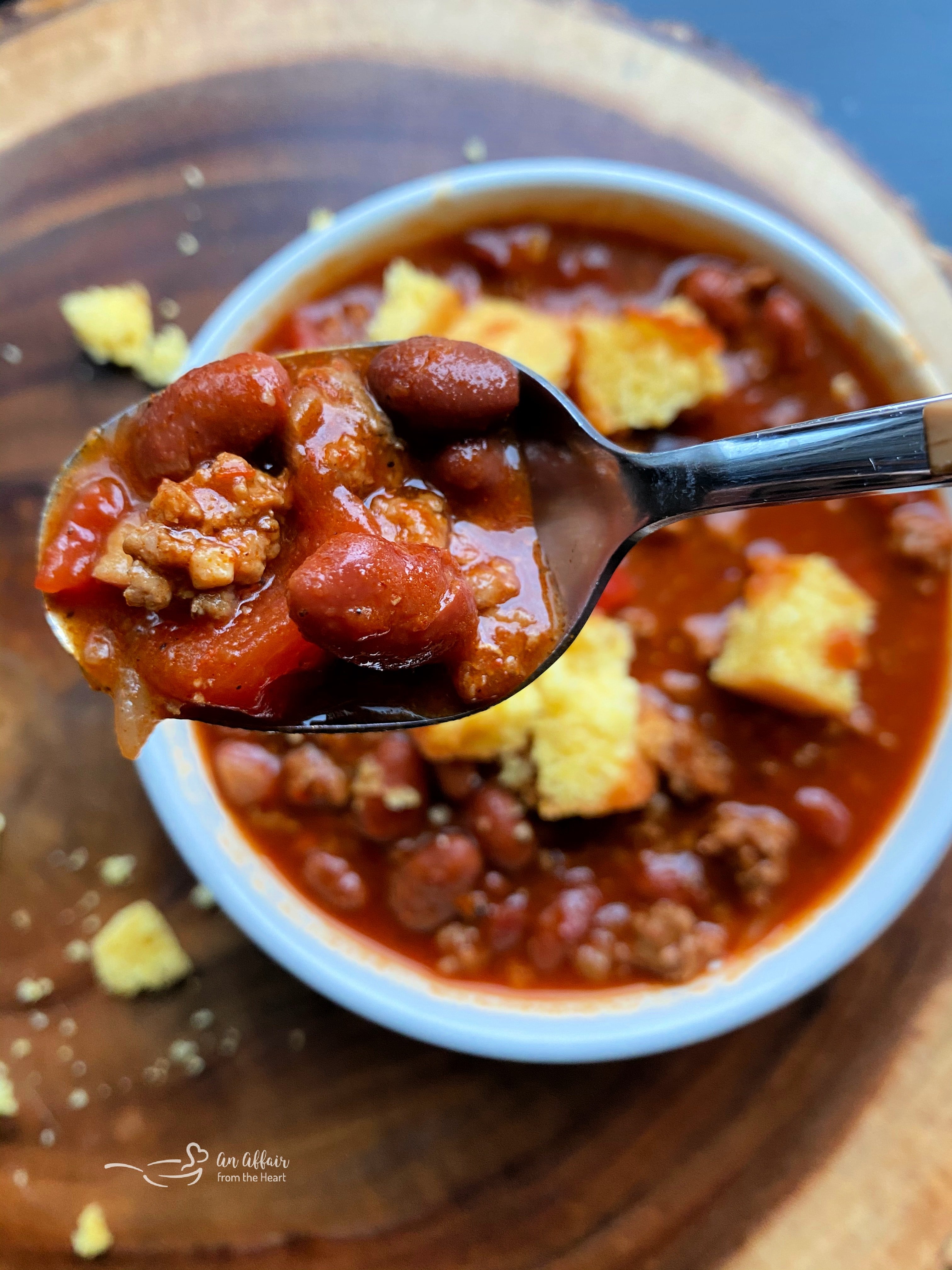 Close up of chili in a spoon