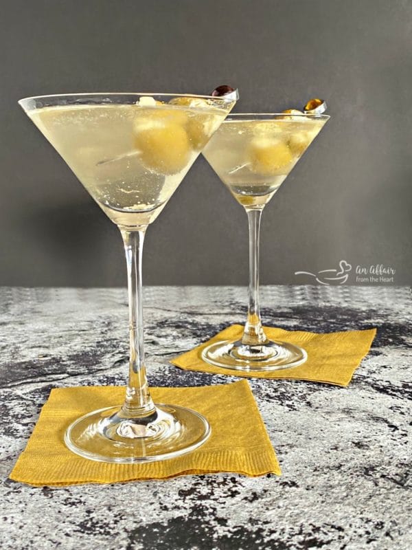 Two Dirty Bird Martinis on a counter