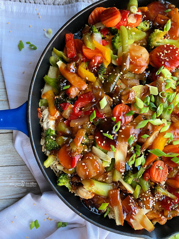 overhead of chicken teriyaki casserole in a pan