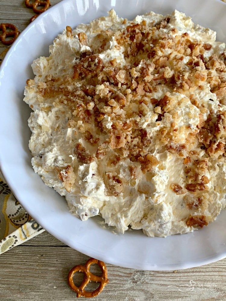 Pineapple Pretzel Fluff in a white bowl