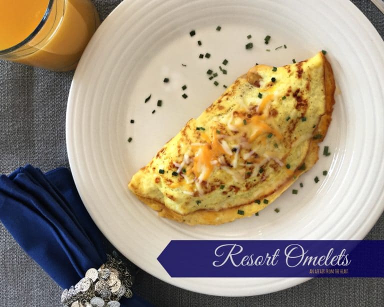 Overhead of Omelet on a white plate with text "Resort Omelets"