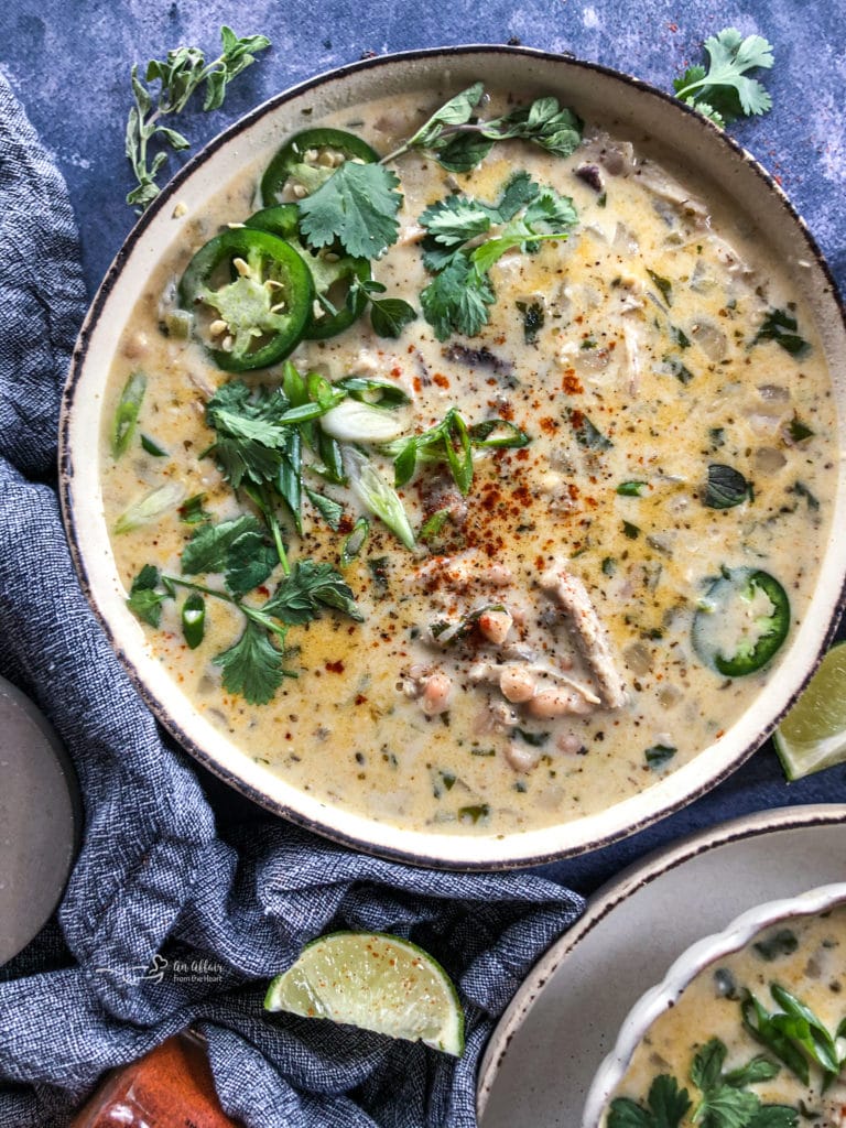 Overhead of White chicken Chili