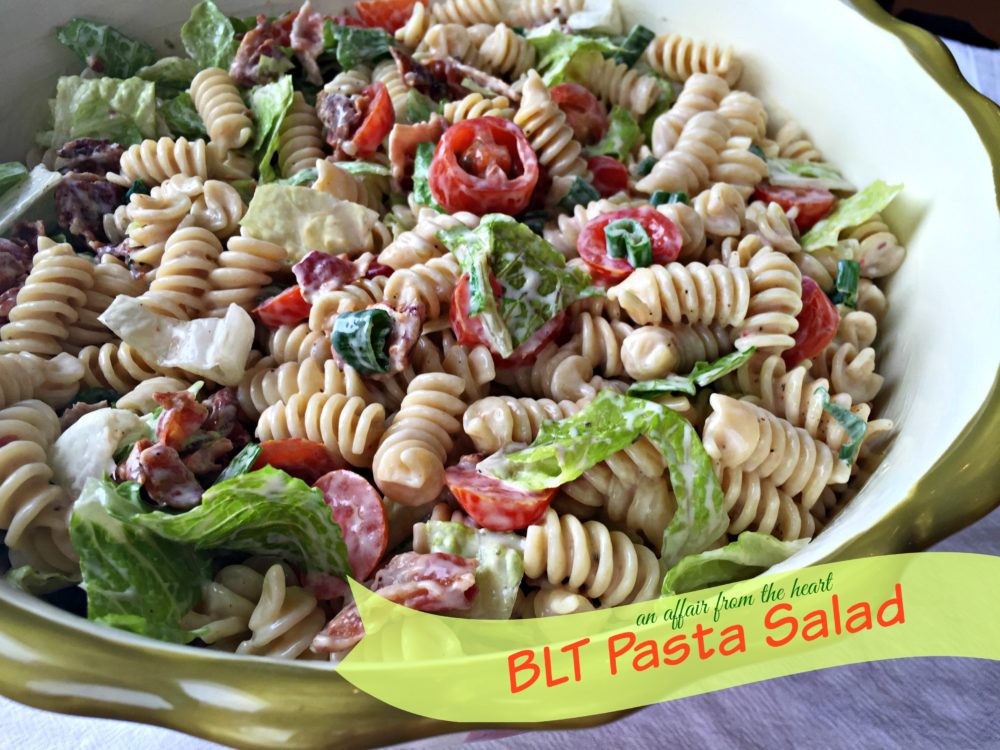 Close up of Pasta Salad with text "BLT Pasta Salad"