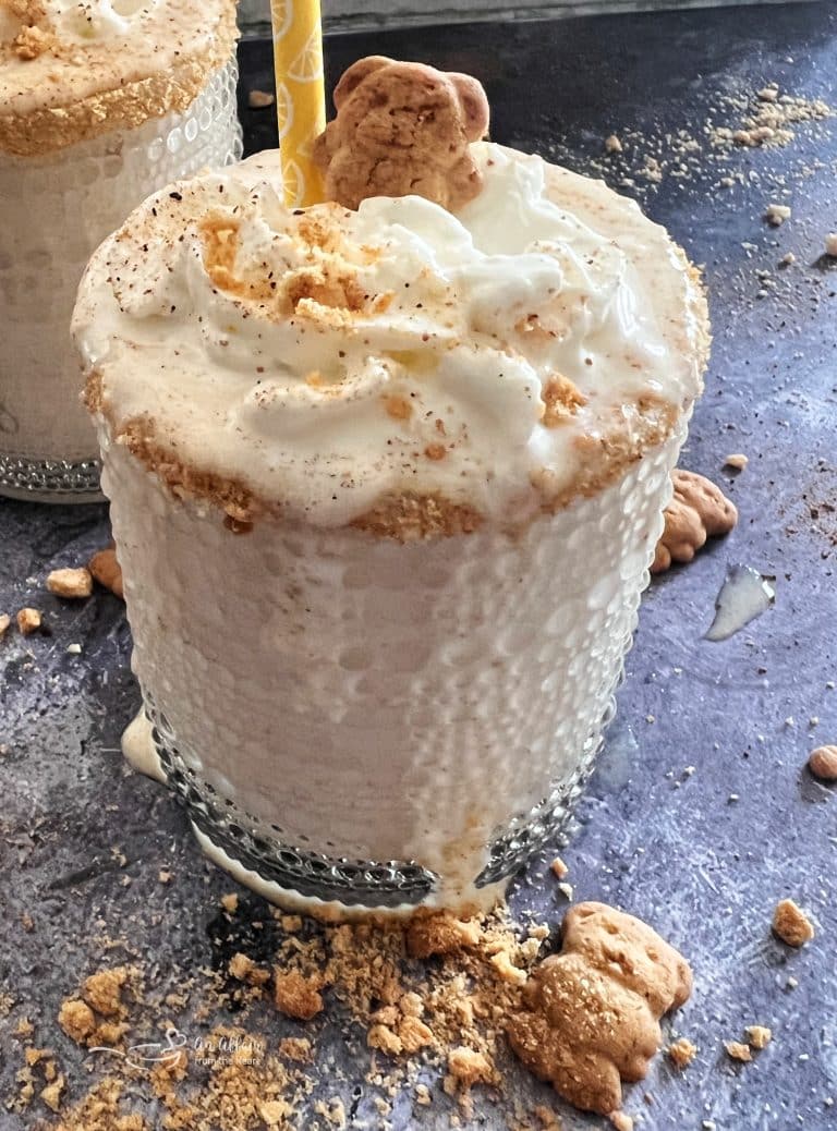 Extreme close up of banana cream pie shake.