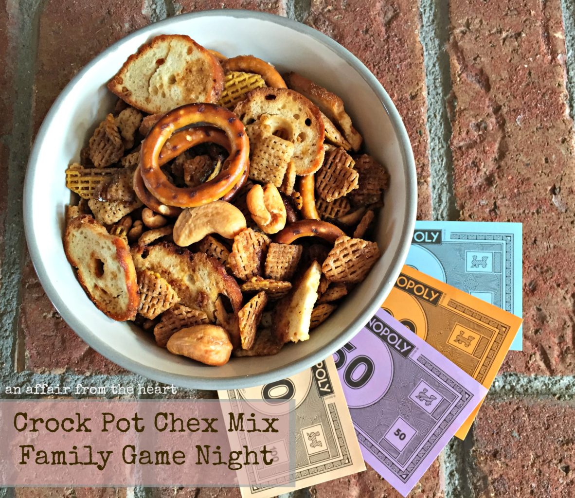 Overhead of crock pot chex mix - hasbro game channel monopoly